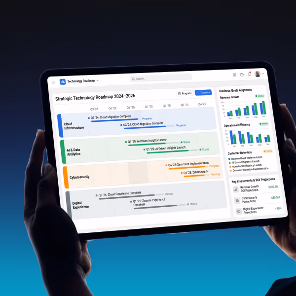 Tablet held by two hands displaying a Strategic Technology Roadmap.